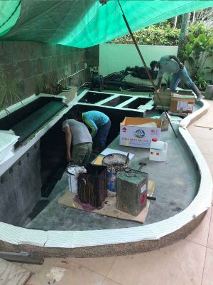 Painting and waterproofing pond walls